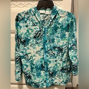 Weekends by Chico’s Teal and Black Abstract Patterned Zip-Up Hoodie- Size 2